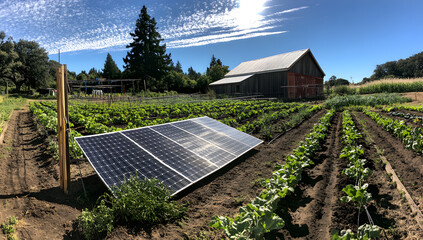solar panels in a sustainable farm setting surrounded by green vegetable crops and a rustic barn under a clear blue sky, symbolizing renewable energy and eco-friendly agriculture


