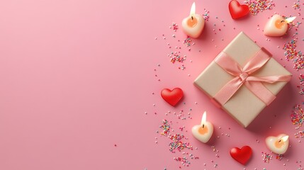 Fototapeta premium A beautifully decorated gift box surrounded by candles and colorful sprinkles, perfect for birthday or celebration use