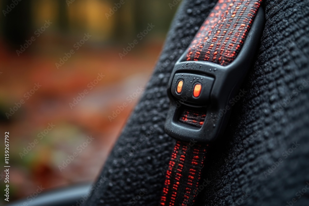 Poster a close-up view of a seat belt in a car, highlighting the safety features and design