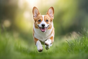 Happy corgi running through a green field, joyful and energetic expression.