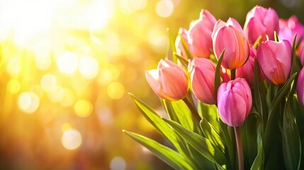 Obraz premium Beautiful Pink Tulips with Soft Sunlight in the Background at Golden Hour