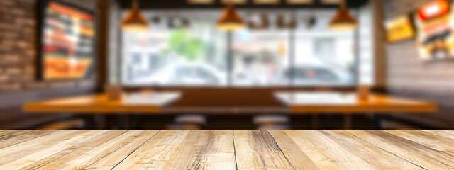 Blurred Restaurant Interior With Wooden Table Perfect For Product Display