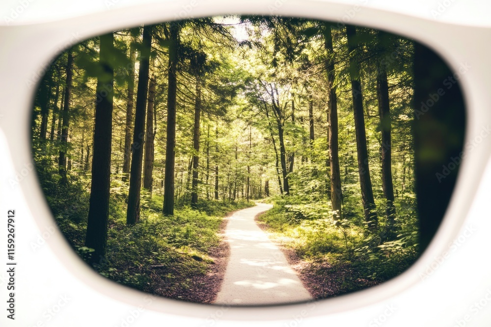 Poster A view of a forest path from the perspective of someone wearing a pair of sunglasses