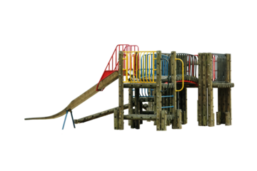 Cutout of an isolated colorful children's wooden playground structure with the transparent png