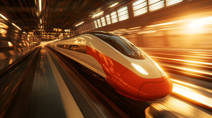 Fototapeta premium high speed train in motion at a modern railway station during golden hour with dynamic motion blur capturing the futuristic design and energy of advanced transportation