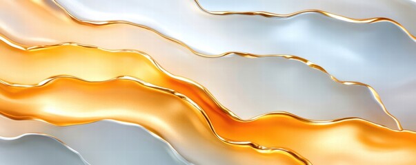 Fluid gold and silver wave abstract design, white isolated background