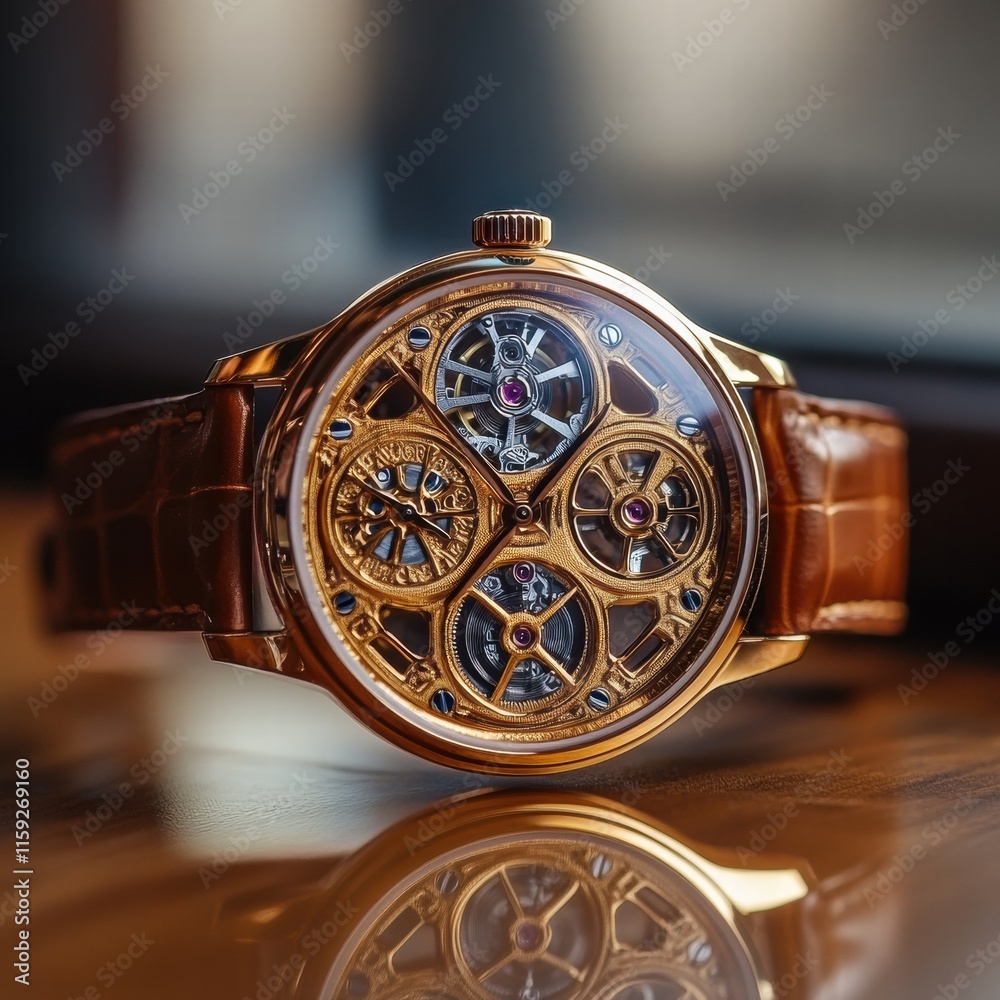Leinwandbilder luxury wristwatch with golden frame and intricate mechanics displayed on a polished wooden surface i