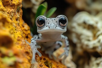 A close-up shot of a frog sitting on a rock, looking straight at the camera