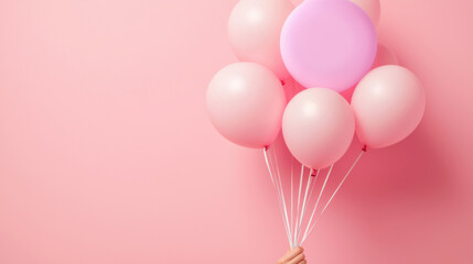 Hand of woman holding pink balloons with percent on pink background, Minimal, Sale and discount. copy space.