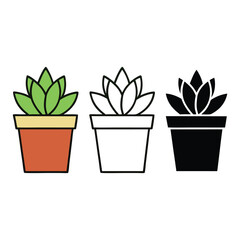 A small potted succulent plant silhouette, line art, and color vector