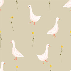 Seamless pattern with goose and floral. Vector farm animals background. Hand drawn goose illustration.