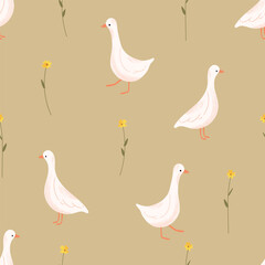 Seamless pattern with goose and floral. Vector farm animals background. Hand drawn goose illustration. © jenteva