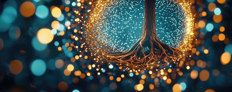 Oak tree abstract background idea. A captivating tree with glowing roots and vibrant bokeh lights in a soulful atmosphere.