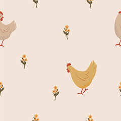 Cute Chickens Seamless Pattern with Floral on a Light Background. Farm Animals Pattern. Hand Drawn Vector Illustration.	