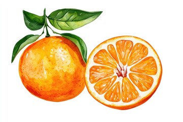 Watercolor art of an orange with leaves
