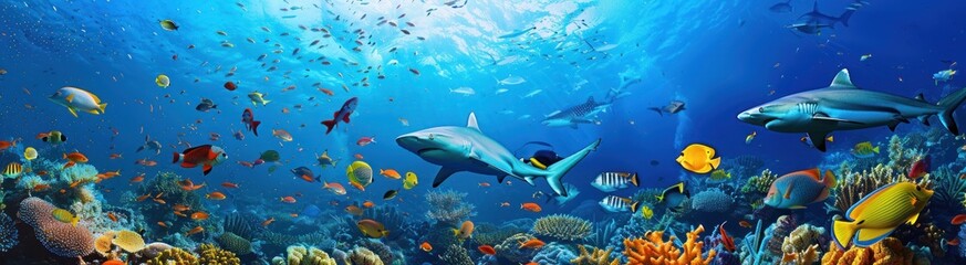 Obraz premium Underwater scene with sharks and colorful fish on coral reef.
