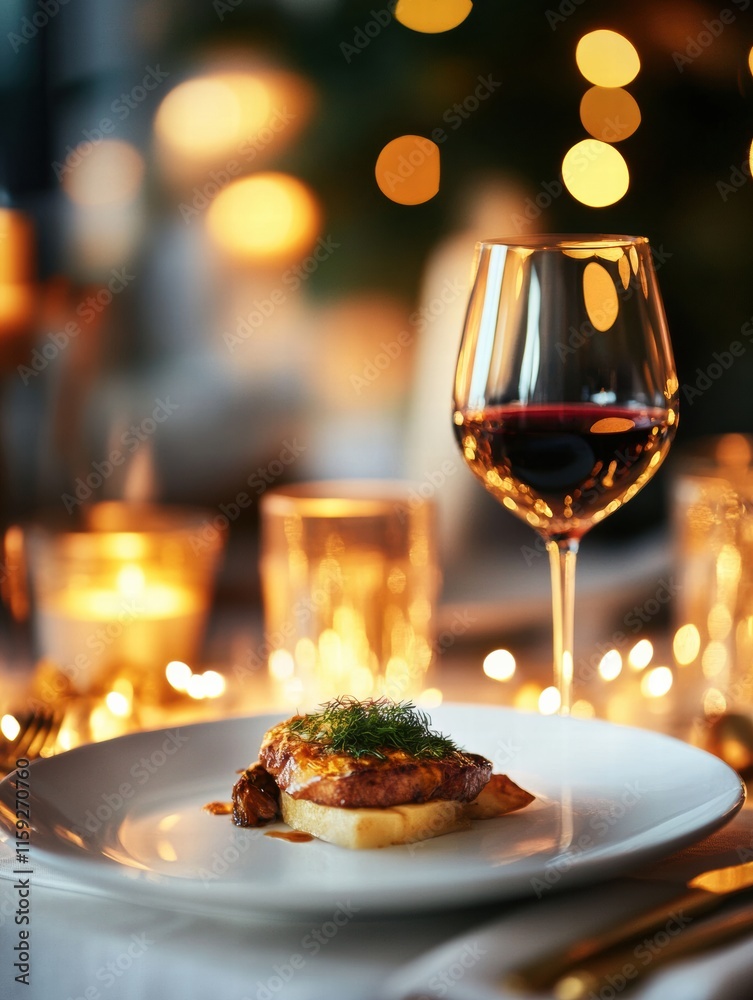 Poster luxurious gourmet dining experience featuring fine wine and elegant setting for an intimate evening 