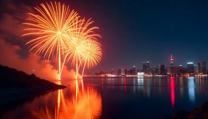 Happy New Year 2025 Silvester Eve party panorama with fireworks against a dark blue and black sky background
