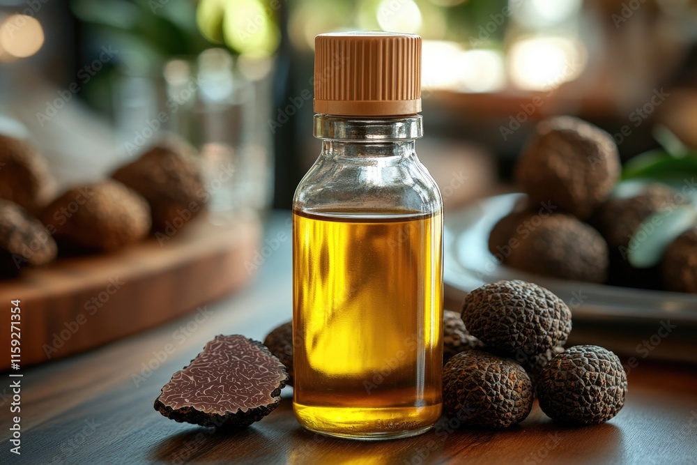 Poster a bottle of oil sits atop a wooden table, providing a simple yet functional scene for various uses