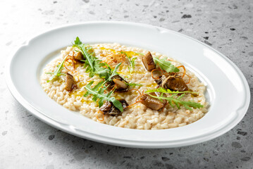 A creamy risotto dish garnished with sautéed mushrooms and fresh arugula. Served on a sleek white plate against a textured gray background, showcasing a gourmet culinary presentation.