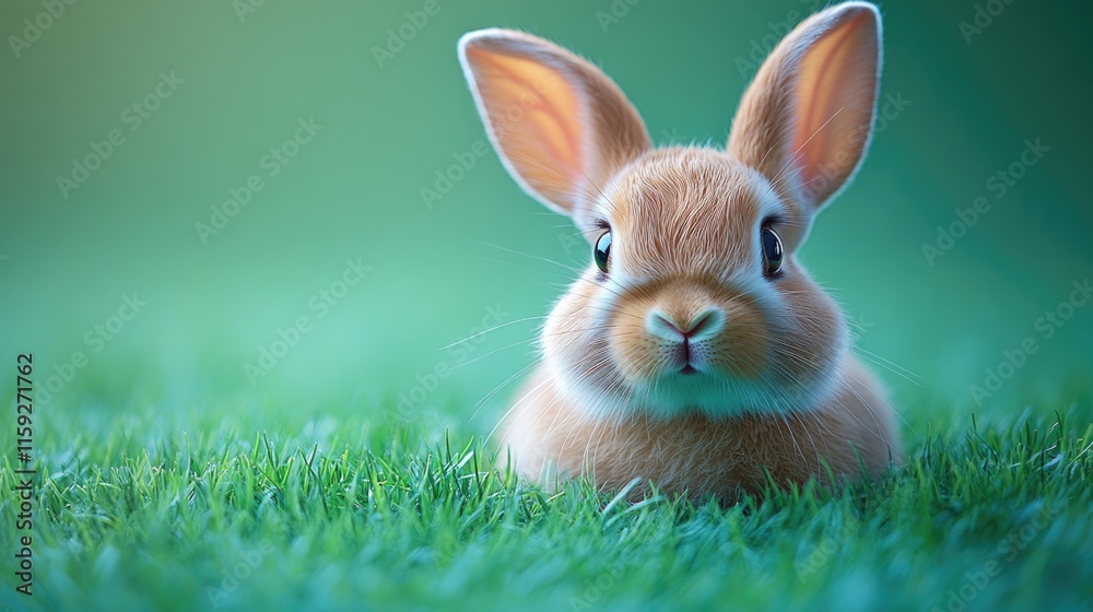 Poster a close-up shot of a rabbit sitting in the grass, looking directly at the camera