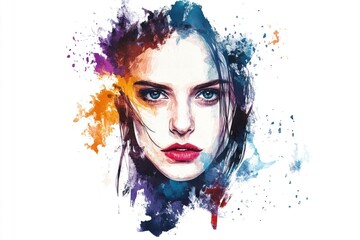 A portrait of a woman's face covered in vibrant paint splatters, great for art or creative inspiration