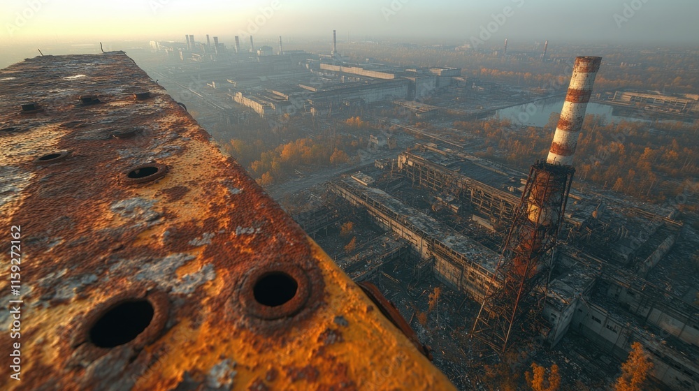 Poster Old industrial building with rusty exterior and a large factory in the background