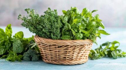 Fototapeta premium Fresh Herbs in Basket on Table with Soft Light Background