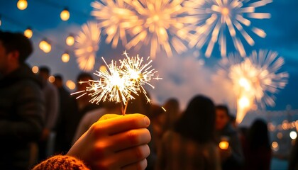 Happy New Year 2025 Silvester Eve party panorama with fireworks against a dark blue and black sky background
