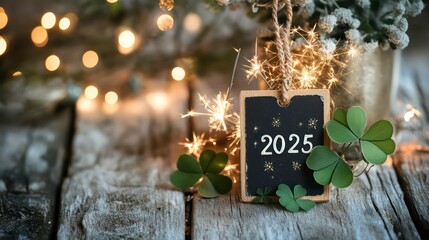 Festive 2025 New Year's greeting card with sparklers, clover, and fairy lights on rustic wood.