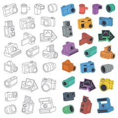 Camera set in vertical banner. Professional photo equipment. Video and action cam, instant camera, film strips, external flash.