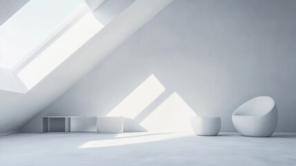 Contemporary minimalist attic space with minimal furnishings. Featuring a clean, open design with modern lines