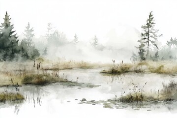 A watercolor painting of a swamp with trees in the background