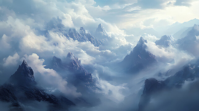 A dramatic mountainous landscape with clouds rolling over the peaks, symbolizing the interplay between nature and carbon cycles.