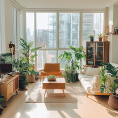 Eco friendly condo living room featuring plants, natural light, and modern decor. cozy space with wooden coffee table, comfortable seating, and vibrant greenery