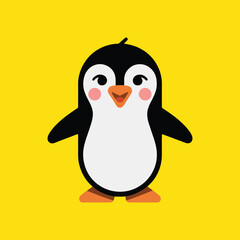 A minimal, flat, and colorful illustration of a cute penguin character with a cheerful expression. The penguin is standing up and has a simple design.
