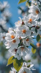Obraz premium Stunning macro close up of a sakura flowers with white petals blossom against blue sky. Spring season bloom nature illustration header background. 