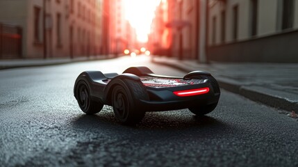A sleek, futuristic toy car on an urban street at sunset.
