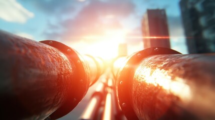 High-speed oil pipelines in urban setting futuristic technology sunset