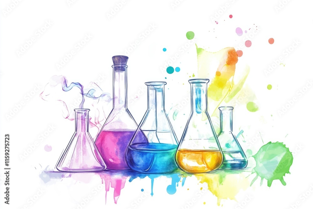 Poster group of laboratory flasks containing colorful liquids, suitable for science and education illustrat