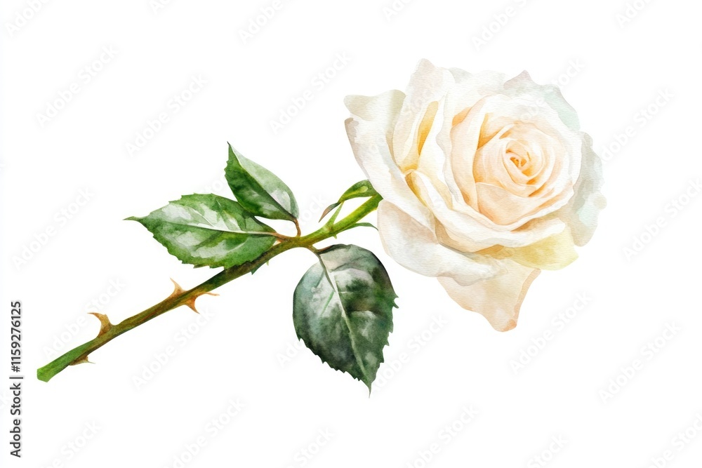 Poster a close-up of a white rose with green leaves on its stem, ready for use in various compositions