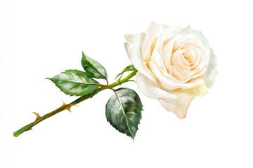 A close-up of a white rose with green leaves on its stem, ready for use in various compositions