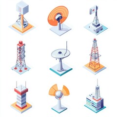 A collection of telecommunications tower illustrations, showcasing various types and designs in a vibrant, modern style.