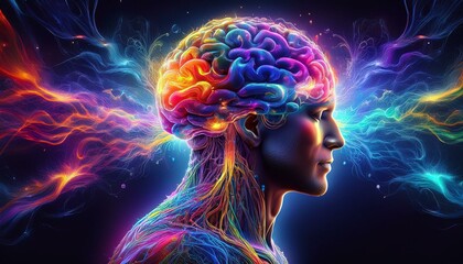 Brain X-ray, electrical impulse, brainstorming neural network of human brain concept