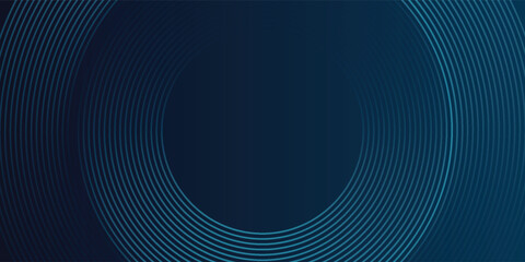 Abstract blue glowing geometric lines on dark blue background. Modern shiny blue circle lines pattern. Futuristic technology concept. Suit for cover, poster, banner, header, website.