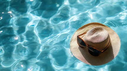 Sunglasses and straw hat on swimming pool side with clear blue water. Minimal fashion aesthetic summer vacation creative background