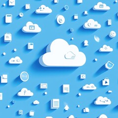 Obraz premium A creative arrangement of various cloud icons on a vibrant blue background, representing digital connectivity and information.