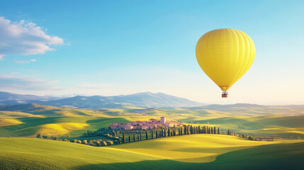 Fototapeta premium A yellow hot air balloon flying over rolling green hills and a small town in the distance. Represents travel, adventure, Tuscany, and scenic landscapes.