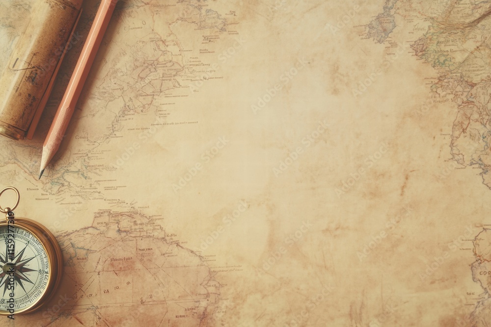 Poster Vintage map compass and pencil create a perfect setting for exploration and adventure planning. Generative AI