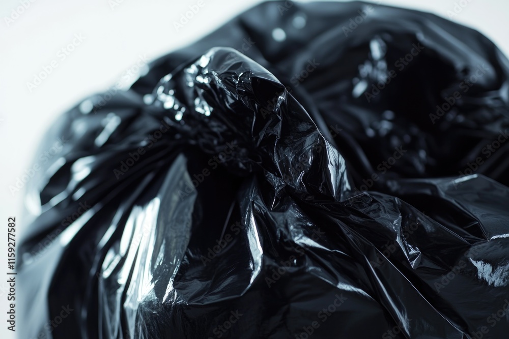 Poster a close-up shot of a black bag of garbage, perfect for use in illustrations about waste management o